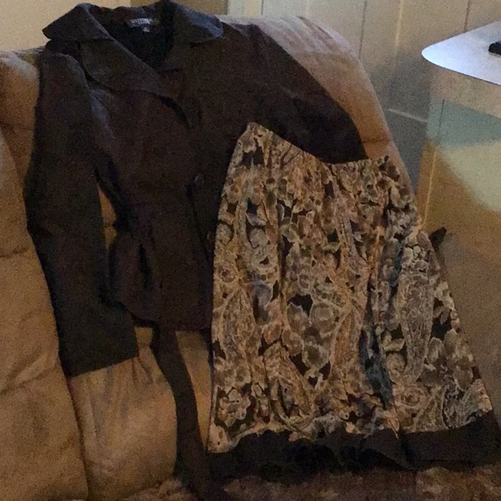 Chic Brown Jacket with Patterned Skirt